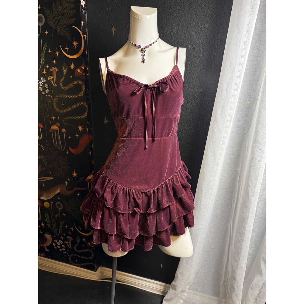 Forever 21 Burgundy Velvet Ruffle Mini Dress Cutout Back Gothic Coquette Small